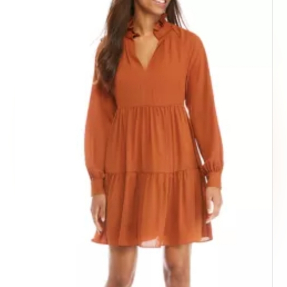 1. State Burnt Orange Long Sleeve Chiffon Mock Neck Dress Size XL - Picture 1 of 7